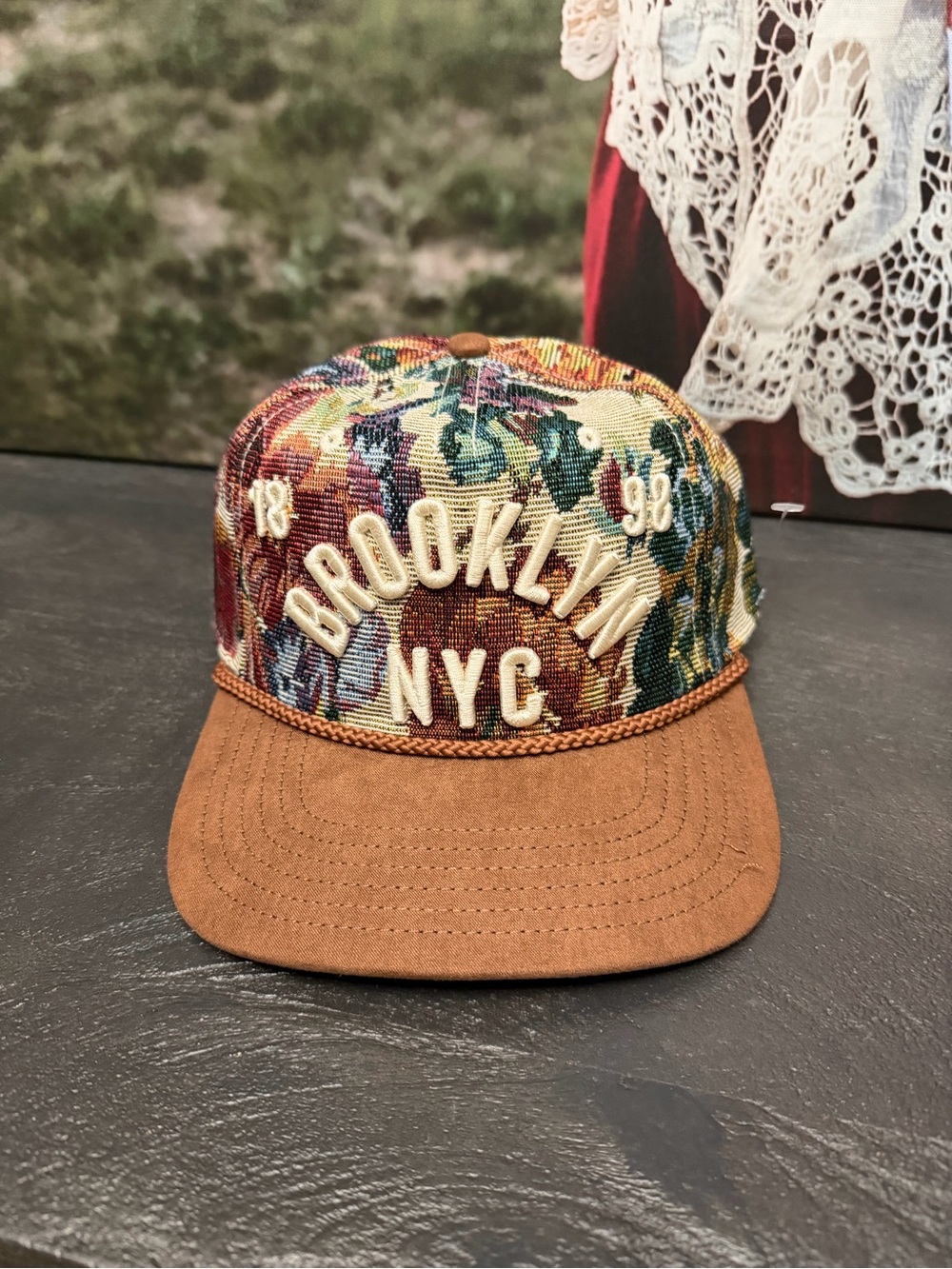 Mad Engine Brooklyn NYC Tapestry Floral Snapback Hat Brown Faux Suede Cap NWT